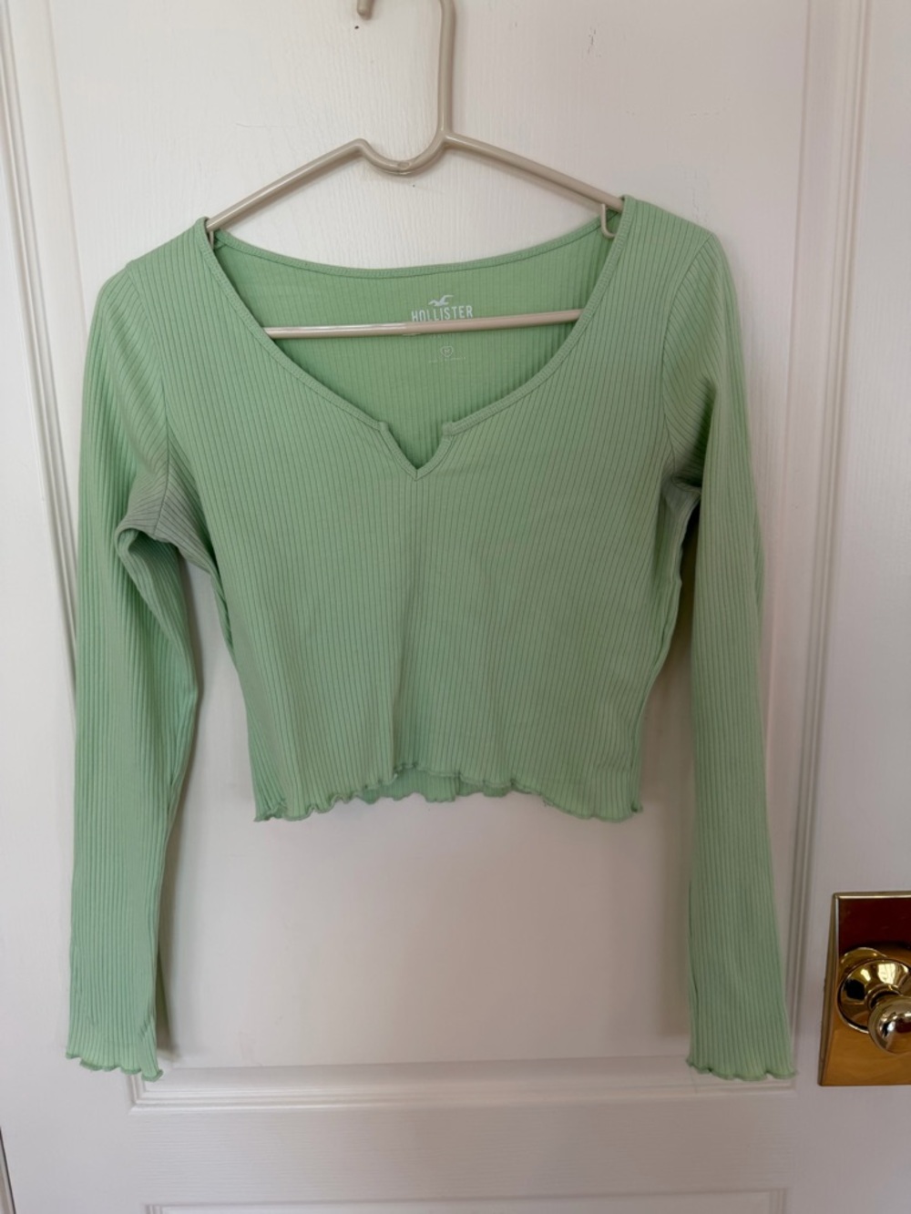 Hollister Light Green Ribbed Notch-V Crop Long-Sleeve Top